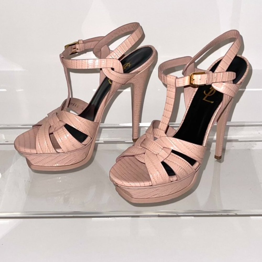 YSL Saint Laurent Tribute 105 Stiletto Lizard Leather Pale Pink Sandals 37.5